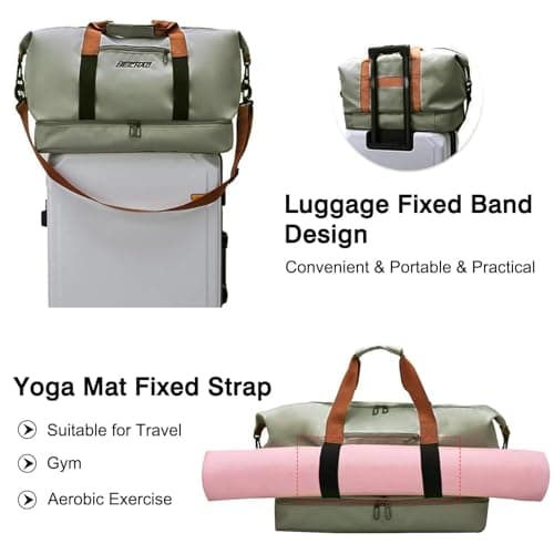 HUANYO Multifunctional Sports Gym Travel Duffel Bag for Men Women, Weekend Carry On Overnight with Shoe Compartment & Luggage Sleeve, Black/Green/Khaki (Olive drab) — view 5