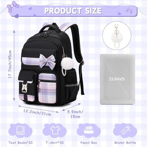 Girls Backpack, Kids Backpack for Girls School Bags with Pen Case, Bow Plaid Book Bag for Elementary Middle Primary High School College — view 3
