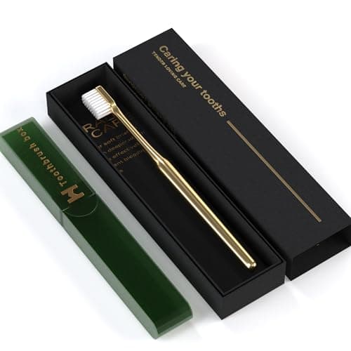 Gold Color Toothbrush with Travel Case Set,Soft Bristles for Sensitive Gums,Luxury Gold-Plated Manual Toothbrush,Business Travel and Vacation Hotel Use (Gold White) — view 2