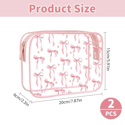 2 Pcs Clear Wash Bag with Pink Bow Pattern Transparent Toiletry Bag Water-Resistant Makeup Cosmetic Pouch for Travel Airport Security Liquids Holiday Organiser Set for Women Girls — view 2