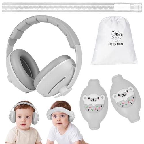 Adiwo 2-in-1 Baby Ear Defender, Non-Slip Baby Headphones, Noise Canceling Headphone & Headband for Babies, Ultra-Soft and Adjustable to 0-48 Months, Hearing Protection for Sleep Travel, Gray
