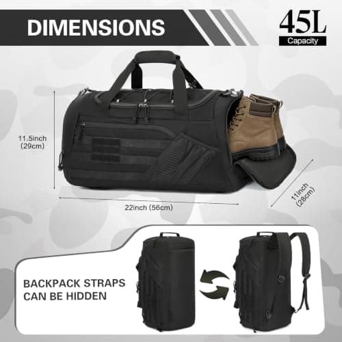3-in-1 Travel Duffel Bag Backpack for Men Women 45L Tactical Gym Duffle & Sports Holdall Bag with Shoe Compartment & Wet Pocket Carry on Weekend Overnight Bags for Traveling Hiking, Black — view 3