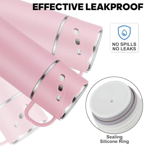 BEIJIE Travel Mug, 550ml Stainless Steel Insulated Hot Water Bottle, Vaccum Thermal Flasks for Hot and Cold Drinks 12h, Metal Water Bottles with Leakproof Cover and Handle, for Kids Men Women - Pink — view 4
