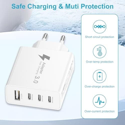 EU Travel Adapter Charger, 50W European Plug Adapter Fast Charging with 3 USB C+1 USB A, European Wall Adaptor EU Plug Fast Charger Compatible with iPhone 17 16 15 14 13 11 Pro Max,Samsung Galaxy — view 5