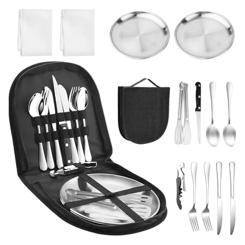 14 Pcs Camping Plate Set - Reusable Stainless Steel Cutlery Camping Cutlery Set with Plates Forks Spoons Corkscrew, Ideal for Road Trips, Picnics and Camping Adventures - Suitable for 2 People