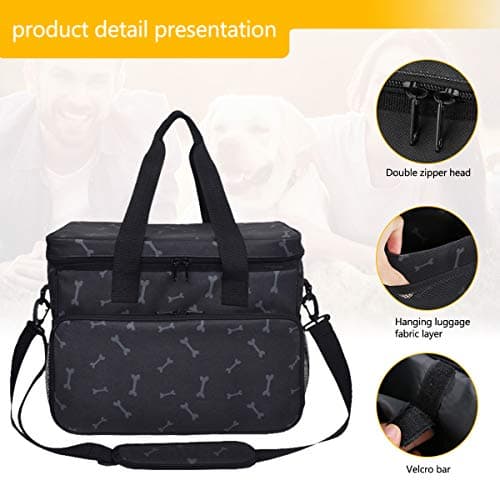 Zwini Dog Travel Bag Washable Storage Supply Tote Thermal Bag with Compartments, Foldable Feeder and Drinker (Black) — view 3