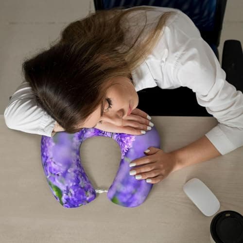 AUGUSTRUSH Memory Foam Neck Pillow - Travel Pillow With Adjustable Clasp, Removable Washable Cover For Airplane Office Car, Ergonomic Support Comfortable U-Shaped Pillow, Purple Lavender Flowers Print — view 6