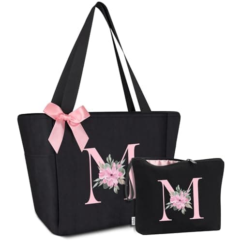 Vavabox A-Z Initial Personalized Tote Bag, Waterproof Gifts for Women, Bridesmaids, Mom, Teachers, Friends (03-Black Set, M)