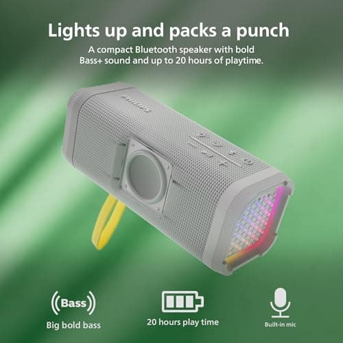 PHILIPS TAS2000WT Bluetooth Wireless Speaker with LED Lightshow, 20 W Bass+, Auracast, 20 Hrs Play Time, IPX5 Splash-Proof, USB Playback, Mic, App Control – White — view 2
