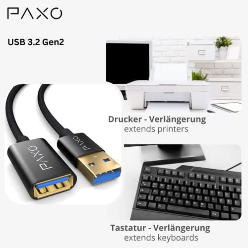 PAXO USB extension 0.5m, 10 Gbit/s (1.25 GByte/s), USB 3.2 Gen2 (3.0, 3.1), USB extension cable, A plug to A socket, black, fabric jacket — view 4
