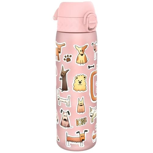Ion8 Water Bottle, 500ml/18oz, Slim Leak Proof & BPA-Free Drinking Bottle, Secure Lock Prevents Spills, Dishwasher Safe, Carry Handle, Ideal for Adults & Kids - Travel, Gym & School, Pink, Dogs