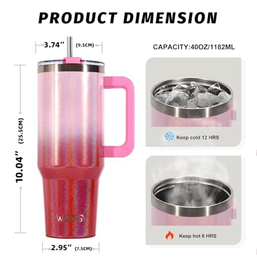 WATERSY Travel Mug Coffee Cup 40oz Tumbler Straw Lid and Handle, Stainless Steel Double Wall Vacuum Insulated Coffee Water Bottle Thermal for Cold Hot Coffee 1182ml Shiny Red — view 2