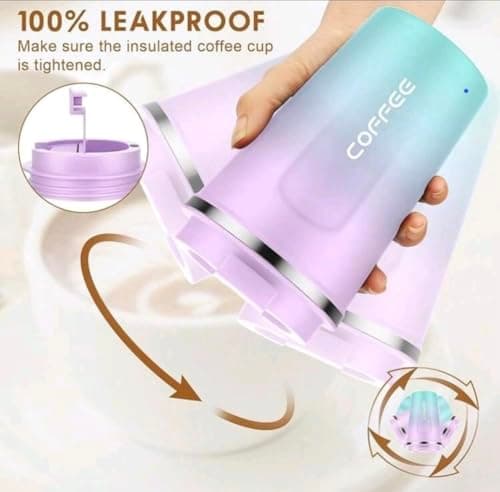 Insulated Travel Coffee Cup with Lid, Stainless Steel Band Travel Coffee Mugs Leak-Proof, Reusable Coffee Tea tumblers, Thermal Insulation Cups for Men Women hot & Cold Drinks (Purple-Mint) — view 6