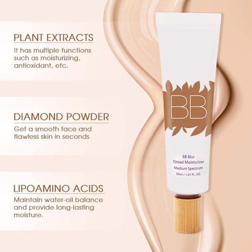 BB Blur Tinted Moisturiser with Brush for Soft-Focus Matte Finish & Dewy Glow - Lightweight Hydrating BB Cream Medium Spectrum, Full Coverage, Evens Skin Tone, Minimises Pores, Natural (1PCS) — view 2