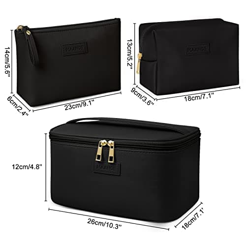 MAANGE 3 Pcs Makeup Bag(L+M+S) Travel Cosmetic Bags with Brush Compartment PU Leather Small Makeup Bag Portable Make Up Bag Versatile Zipper Makeup Pouch for Women, Black — view 3