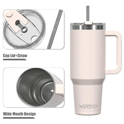 WATERSY Travel Mug Coffee Cup 40oz Tumbler Straw Lid and Handle, Stainless Steel Double Wall Vacuum Insulated Coffee Water Bottle Thermal for Cold Hot Coffee 1182ml Ivory Beige — view 3