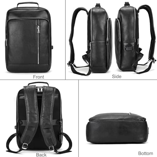 LUUFAN Genuine Leather Backpack Men Casual Daypack Vintage 15.6 Inch Laptop Rucksack Business Slim Travel Outdoor Shoulder Bag with Trolley Sleeve (Black) — view 2