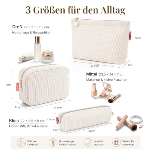 Captain Blues Makeup Bag 3 Piece Set, Corduroy Small Makeup Bag with Compartments, Cosmetic Bag Pouch, Toiletry Bag and Travel Make Up Bag for Handbag (Cream White) — view 2