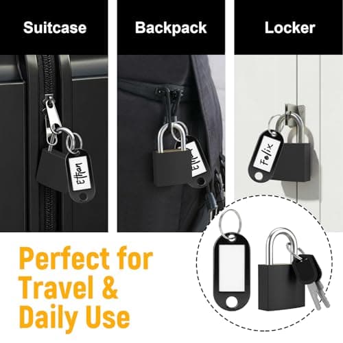 3 Sets Suitcase Locks with Keys, Black Metal Suitcase Padlocks with Tags, Durable Mini Locker Padlock for Backpack, Gym Locker, School Bag and Travel Cases(3 Locks & 3 Tags) — view 6