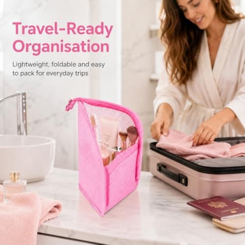 Water Resistant Standing Travel Toiletry Bag - Portable Makeup Organiser with Toothbrush Holder, Inner Compartments & Elastic Straps, Lightweight Foldable Wash Bag (Pink) — view 5