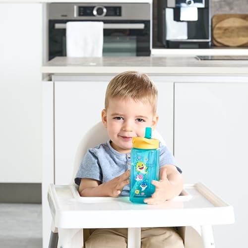 Baby Shark Water Bottle, 6M+ BPA Free 2 Pack 420ml Straw Sipper for Toddlers, Reusable Non Spill Flip Up Yellow Green Kids Lightweight School Nursery Bottle — view 5