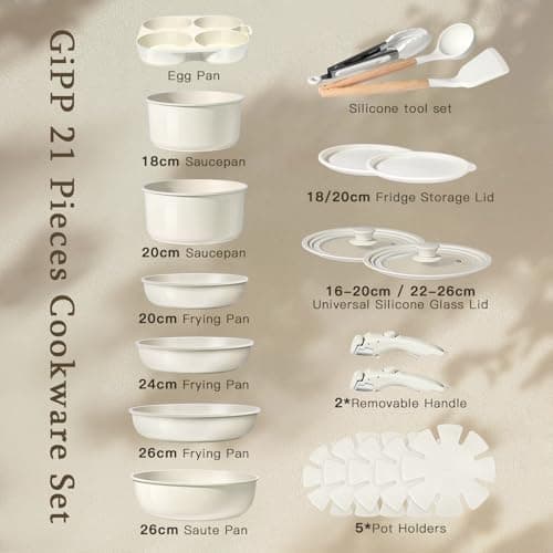 GiPP 21PCS Pots and Pans Set Non Stick,Granite Nonstick Kitchen Cookware Set with Detachable Handle, PFAS & PFOA Free, RV Cookware Set for Camping, Oven Safe(White,21PCS-Small Size) — view 3