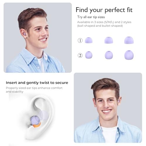 Jayine Ear Plugs for Sleep 2 Pairs, Reusable Noise Cancelling Earplugs Hearing Protection 25dB, Removable Soft Silicone Earplugs for Concerts, Focus, Noise Sensitivity, 16 Ear Tips in S/M/L - Purple — view 4