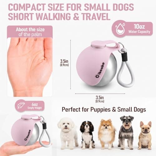 2 in 1 Portable Dog Water Bottle, Stainless Steel Pet Water Dispenser with Foldable Silicone Bowl for Walks Hiking & Travel, 285ML Pet Water Bottle for Small Dogs, Pink — view 2