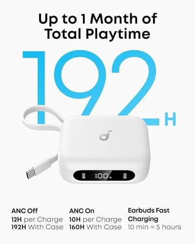 soundcore P41i by Anker Adaptive Noise Cancelling Earbuds with Portable Phone Charger (Built-in USB-C Cable), 192 h Playtime, Immersive Sound,6-Mic AI Calls IPX5 (White with Lightning Adapter) — view 5