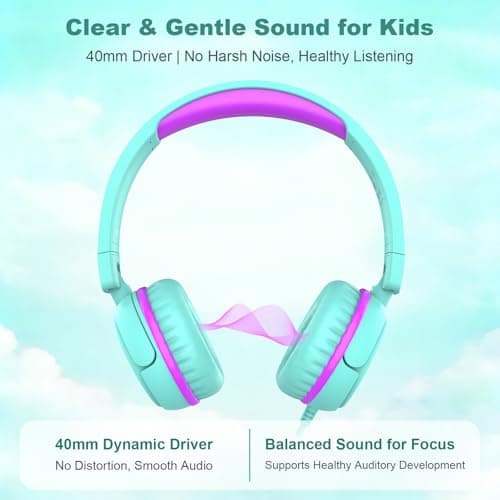 IMYB V1 Kids Headphones, Wired Stereo Foldable Tangle-Free 3.5mm Adjustable On-Ear Headphones for Kids for School/Toddlers/Childrens/Teens/Boys/Girls/Ipad/Tablet/Kindle/Phones/Travel/Plane (Green) — view 3