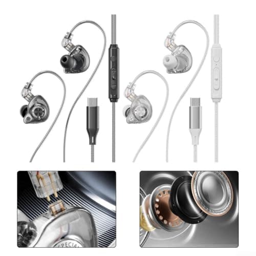 LatoYard Detachable for HiFi IEM USB C Earbuds with Volume Control - Noise Isolating Wired in Ear Headphones for Clear Calls Music - 1.2m Free Black Silver Cord(White) — view 5