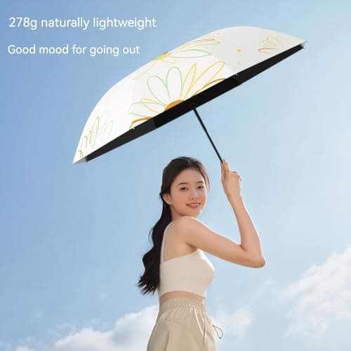 Meichoon UPF 50+ UV Protection Travel Umbrella Portable Compact 8 Ribs Lightweight Waterproof & Windproof Sunshade Stylish Simple Flower Design for Women for Hiking Backpacking Black — view 6