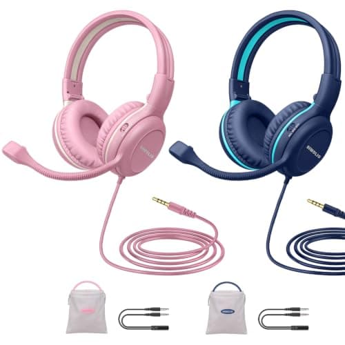 SIMOLIO 2 Pack Kids-Headphones with Microphone for iPad Laptop, Wired Children Headphones -School w/ 75/85/94dB Volume Limiting, Noise Cancelling Kids Headphones with Cord for Boys, Girls, Teens