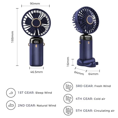 Jsdoin Hand Held Fan,Portable Handheld USB Rechargeable Fans with 5 Speeds,Battery Operated Mini Fan Foldable Desk Desktop Fans with LED Display for Home Office Bedroom Outdoor Travel (DarkBlue) — view 3