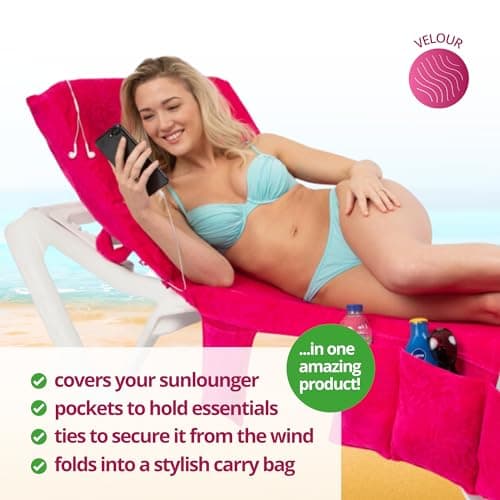ITSA Velour Beach Towel with Pockets & Handles | 100% Cotton Foldable Sun Lounger Cover | Carry Bag | Secure Storage Beach Towel (Coral Pink) — view 4