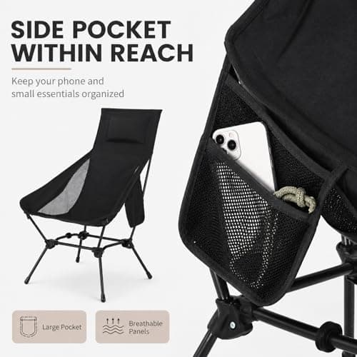 GOOGO High Back Camping Chair, Foldable Camping Chair with Side Pocket & Carry Bag, Comfortable & Breathable, 74x58x90cm, Portable Outdoor for Camping, Fishing, Beach, Picnic and Garden (Black) — view 5