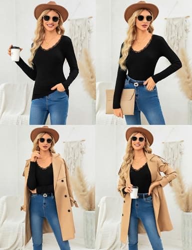 Crewhpo Womens Thermal Tops Long Sleeve Lace V Neck Base Layer Slim Fit — view 5