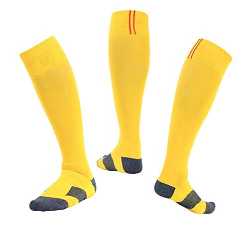SKeshine Knee High Sports Socks, Breathable Cushioned Compression Soccer Rugby Hockey Socks, Anti-Odour Long Athletic Socks for Men Women Kids, 1 Pair (Yellow, 7-10)