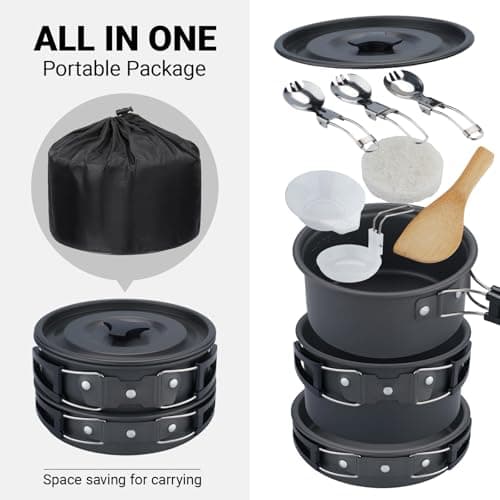 ISFORU Camping Cookware Set 13PCS Non-Stick Camping Pots and Pans Cookware Set with Plastic Bowls and Utensils, Compact Cooking Kit for Hiking, Backpacking & Survival (Pots & Pan Set) — view 2