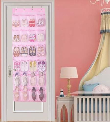 MISSLO Kids Over Door Hanging Shoe Storage Organiser Baby Organizer Hanging Shoe Rack Breathable 24 Large Mesh Pockets for Toddler Girl, Pink — view 2