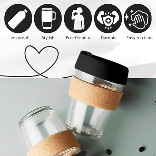 Glass Coffee Cup with Lid and Heat Resistant Cork Sleeve (Black) — view 3