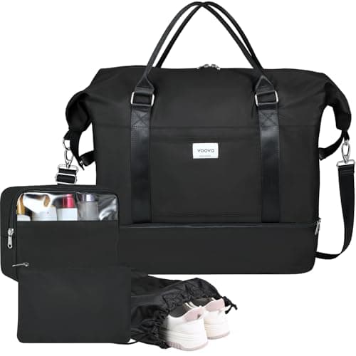 Voova Weekend Overnight Bag for Women, Large Travel Duffle with Shoes Compartment, Carry On Tote Bag with Toiletry 、Cosmetic Bag、Shoes 4 Pack Set for Ladies Gym, Hospital, Yoga, Black