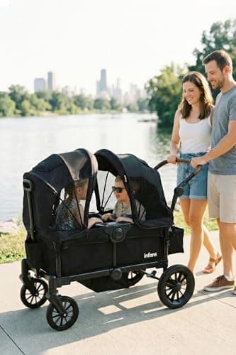INFANS Wagon Stroller for 2 Kids, Collapsible Adjustable Push Pull Handle Bar, 2 Seater Stroller Wagon with Removable Canopy Snack Tray, Comfortable Drop-Down footwell and Upholstered Seats (Black) — view 2