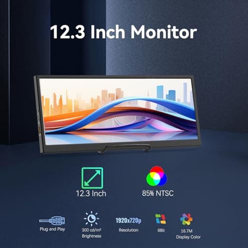 12.3 Inch Secondary Monitor, IPS Stretched Bar LCD Travel Display 1920 * 720 HDMI USBC, Mini Portable Monitor Metal Material for Laptop Computer Windows Aida64 GPU CPU RAM Monitoring,Built-in Speaker — view 3