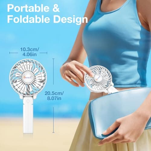 VersionTech Handheld Fan Portable USB Rechargeable with 3 Speeds,Battery Operated Electric Powered Mini Foldable Desk Fan for Home Office Ceiling Travel (White) — view 2