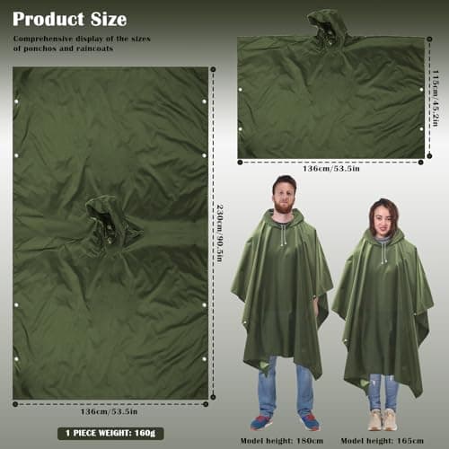 LEEPAT Waterproof Rain Poncho Adult Lightweight Reusable Hiking Rain Coat Jacket with Hood for Outdoor Hiking Camping Cycling Traveling (Green) — view 2