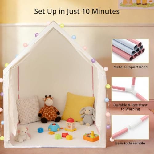 Anbte Kids Play Tent with String Lights Indoor, For 1-3 Kids, Beige Stripes — view 6