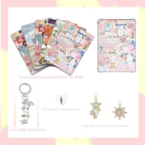 VelvetGlow 6 Pcs Inserts For E-Reader Clear Case, And 2 Pcs Dust Plug Charms Retro Phone Charm Set, 6.8"X4.8" Cardstock Inserts Compatible With Kindle Paper White 11Th/12Th Colorsoft (6.8" X 4.8") — view 4