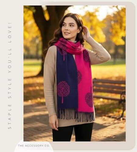 Cashmere Tree Life Blanket Scarf Gift - GIFT BOXED SCARF - Women Pashmina Shawl, Winter Scarves Women, Large Long Scarfs, Warm Scarf, Ladies Tree of Life Print (Navy Fuchsia - with gift box) — view 2