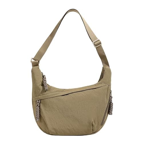 LOCCY Crescent Bag for Women, Nylon Crescent Crossbody Bags Half Moon Bag Dumpling Bag Hobo Shoulder Bag Multi Pockets with Adjustable Strap for Travel Shopping Work (Dark Khaki)